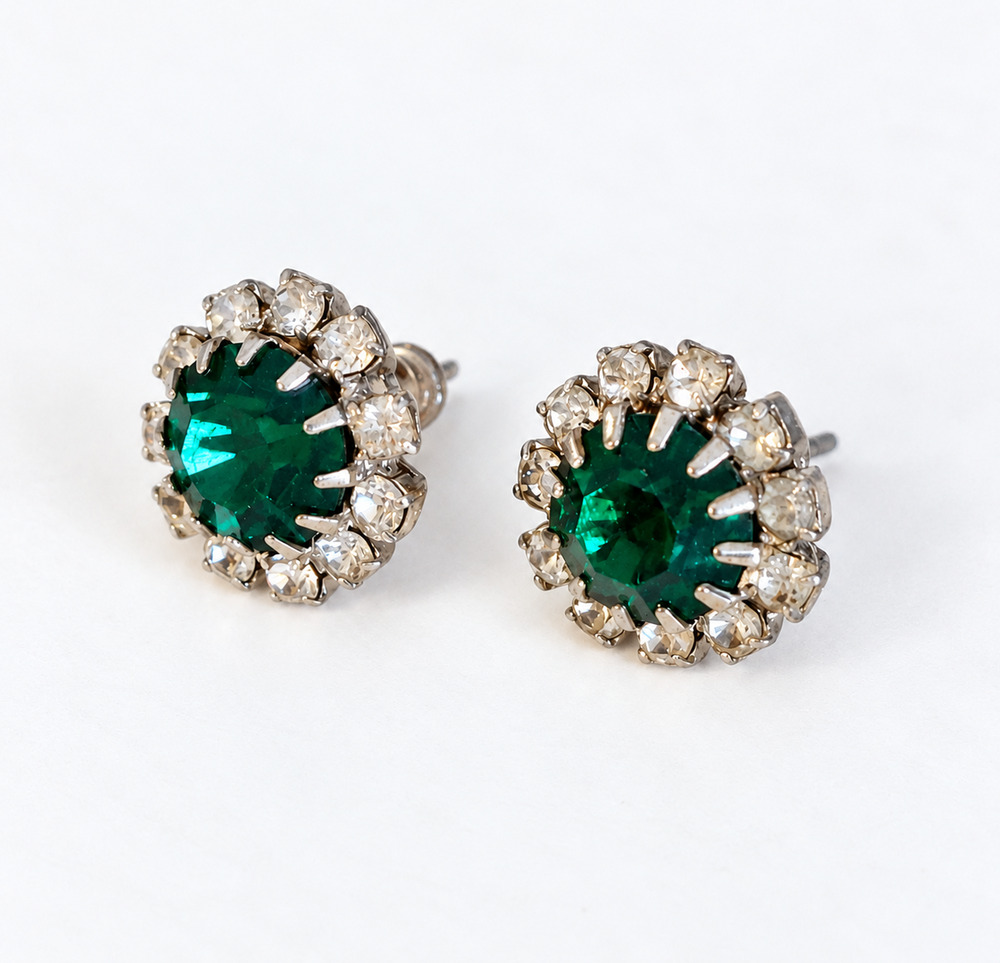 Vintage Emerald Green Rhinestone Stud Earrings, Unsigned Weiss Attributed